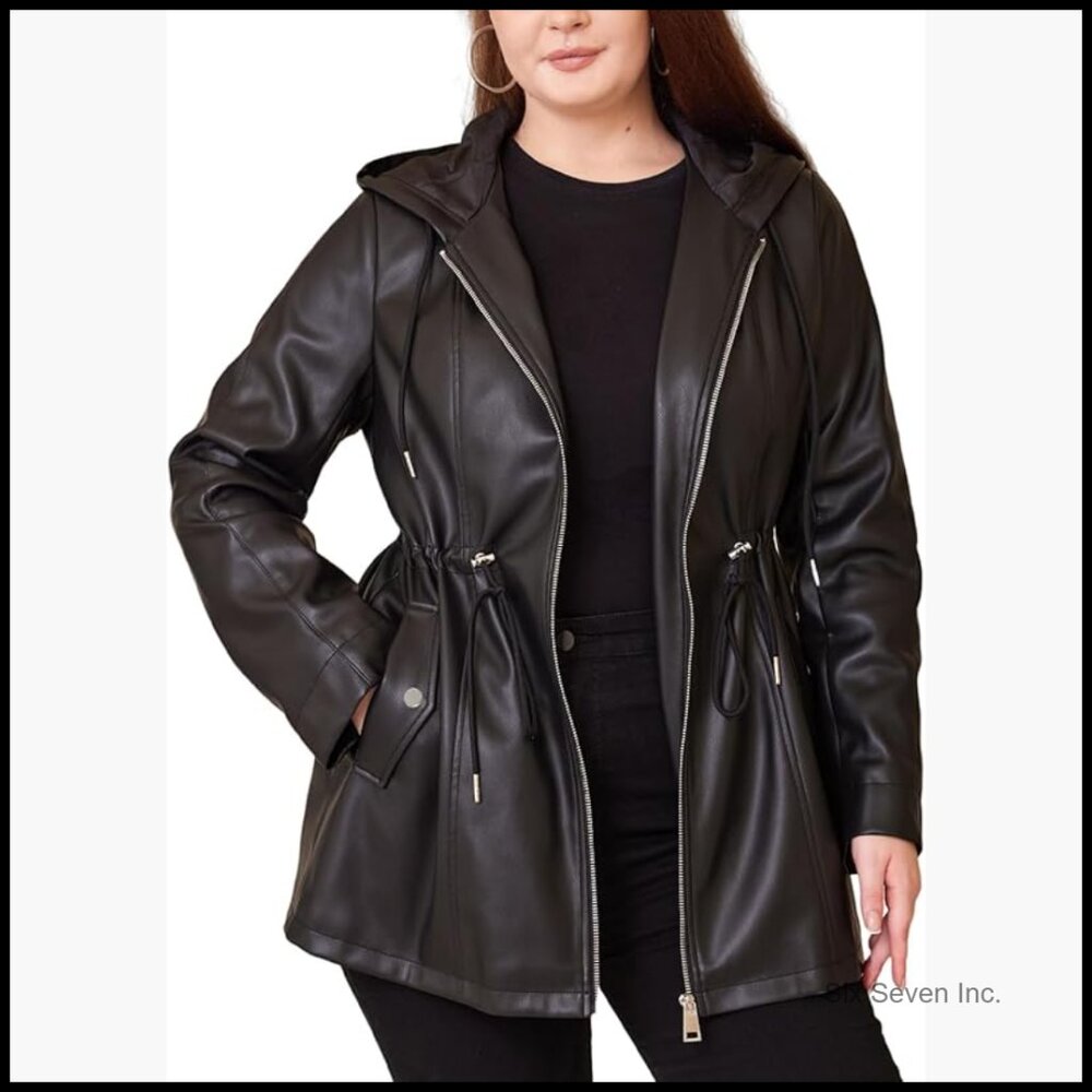 Faux Leather Hooded Motorcycle Jacket Plus Size Trench Coat